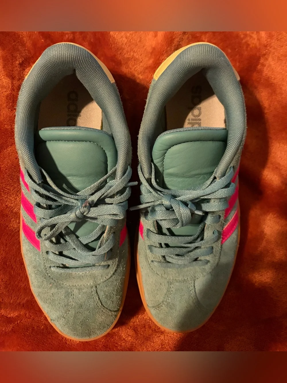adidas Kids Court Platform Suede Sneakers in Teal with Pink Stripes and Gum Sole